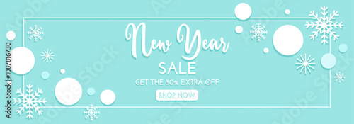 New Year sale ticket on light blue background with white snowflakes and New Year's stars. Winter vector illustration, New Year gentle poster, banner, discount coupon