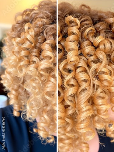 Curly hair before and after styling with honey, showing dry, frizzy texture becoming smooth, soft, and defined, Close-Up, Realistic Photography, Warm Lighting photo