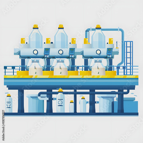 milk production line. dairy product factory cartoon with white shades, pop-art, png