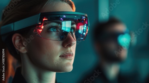 Two individuals wearing futuristic augmented reality glasses, immersed in a technology-driven environment, showcasing innovation and advanced visual experiences.