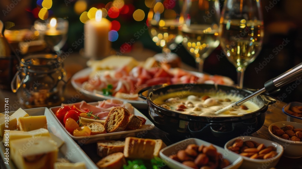Fototapeta premium A tantalizing cheese fondue spread with an assortment of bread cubes, vegetables