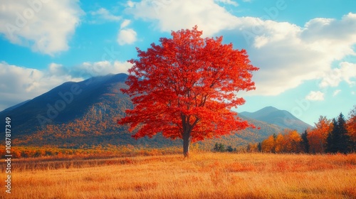 Autumn glory in New England. Stunning view of forest, mountains, and vibrant fall foliage from top of Kinsman Notch in the White Mountains of New Hampshire photo