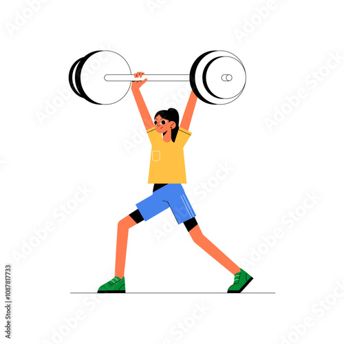 Weightlifter Holding Barbell In Flat Vector Illustration Symbolizing Strength, Fitness, And Powerlifting, Isolated On White Background.