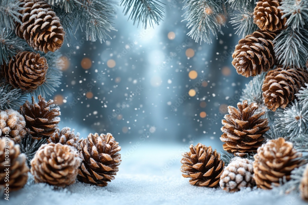 Frame of pine branches, cones, and snow with space for text. Natural textures, winter mood, festive atmosphere. Perfect background for seasonal greetings and promotions. Frame of pine branches, cones, and snow with space for text. Natural textures, winter mood, festive atmosphere. Perfect background for seasonal greetings and promotions.