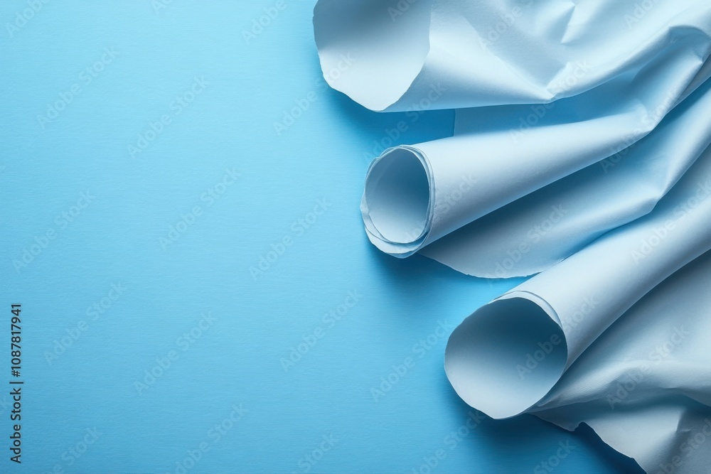 Rolls of white paper on a blue background. Clean and simple composition. Ideal for packaging or design themes. Rolls of white paper on a blue background. Clean and simple composition. Ideal for packaging or design themes.