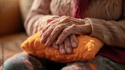 Elderly woman's hands resting on heating pad or warm compress to alleviate joint pain,
