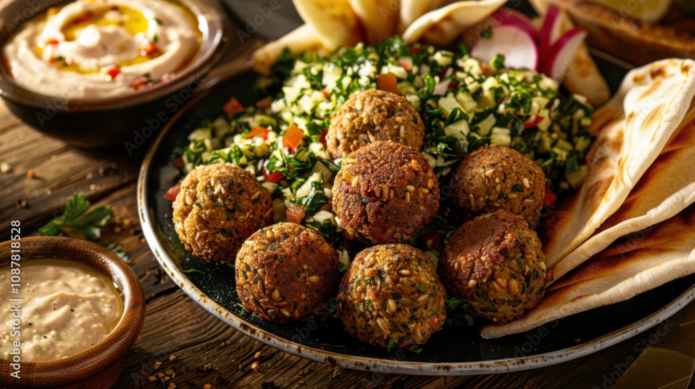 A tantalizing plate of Middle Eastern falafel served with creamy hummus, tabbouleh salad A tantalizing plate of Middle Eastern falafel served with creamy hummus, tabbouleh salad