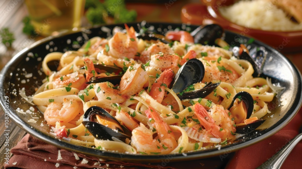 A tantalizing plate of seafood linguine with shrimp, scallops A tantalizing plate of seafood linguine with shrimp, scallops