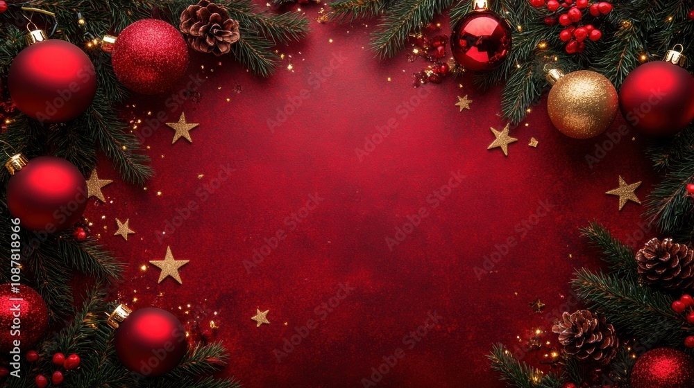 A festive frame of pine branches, cones, and red and gold ornaments surrounds a vivid red backdrop, perfect for holiday-themed designs or celebrations. A festive frame of pine branches, cones, and red and gold ornaments surrounds a vivid red backdrop, perfect for holiday-themed designs or celebrations.