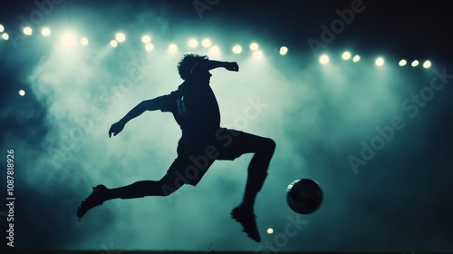 Silhouette of a soccer player kicking the ball in a dramatic pose under bright lights and smoke.