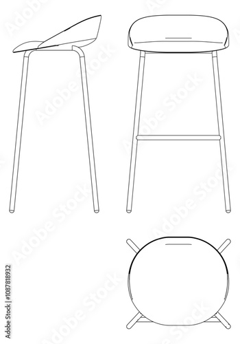 Bar Chair, Bar stool editable vector illustration on white background. chair Line art, clip art, Fancy Chair, Hand-drawn design elements with Front, Side, and Top Views