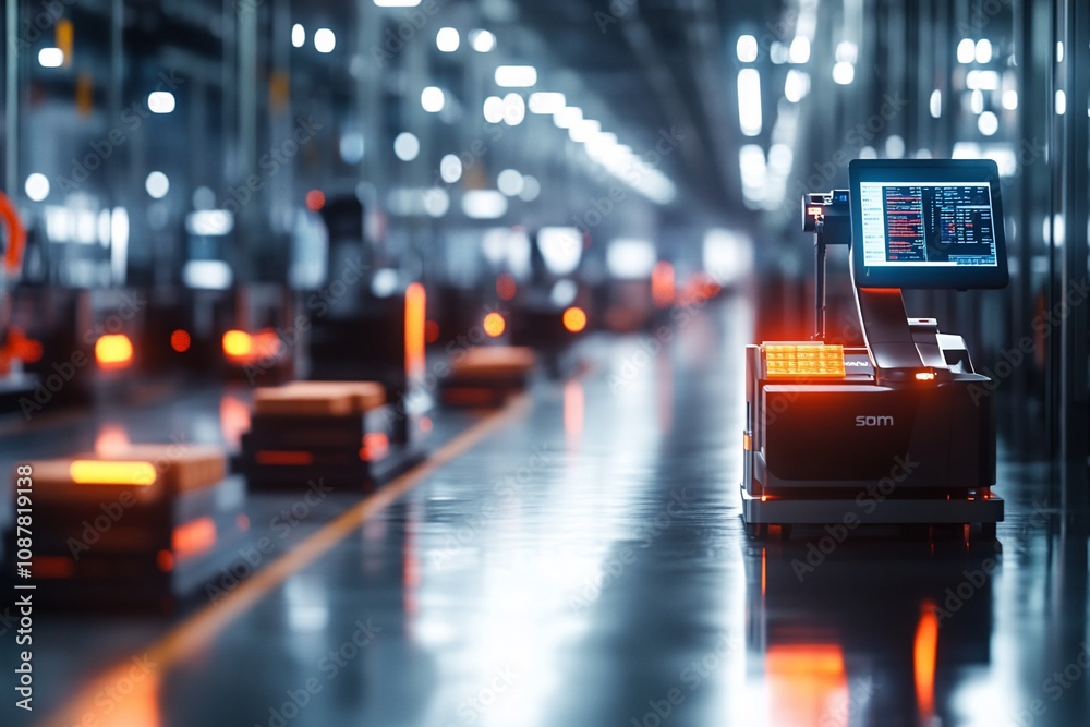 A modern automated checkout system in a high-tech warehouse environment. A modern automated checkout system in a high-tech warehouse environment.