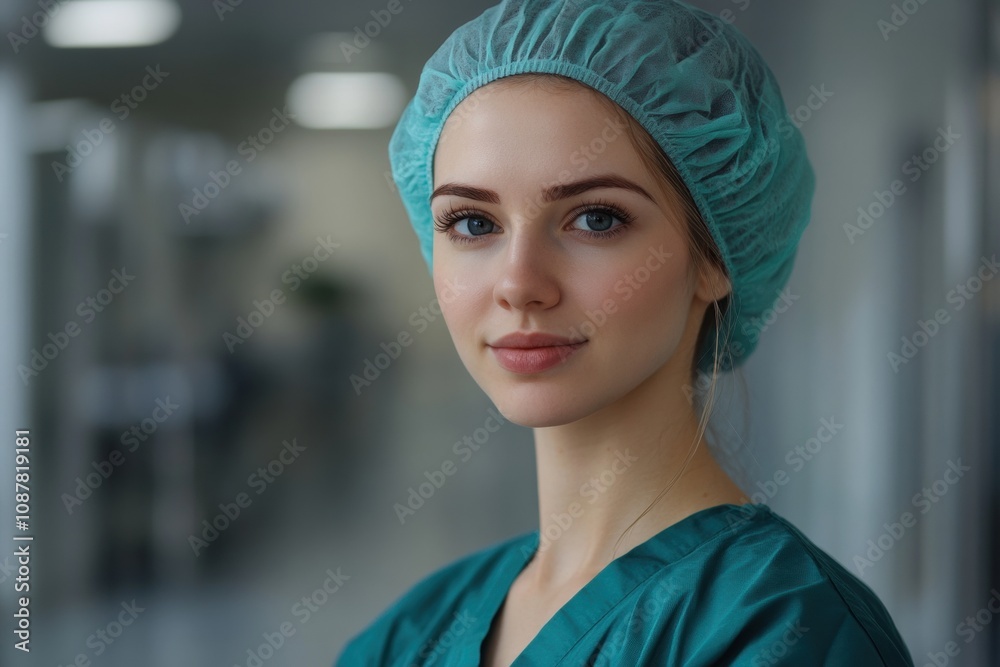 A young female nurse in green scrubs and a surgical cap smiles softly in a hospital hallway, embodying care, professionalism, and dedication. A young female nurse in green scrubs and a surgical cap smiles softly in a hospital hallway, embodying care, professionalism, and dedication.