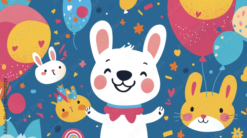 Fototapeta premium Happy Bunny Birthday Party Colorful Balloons,