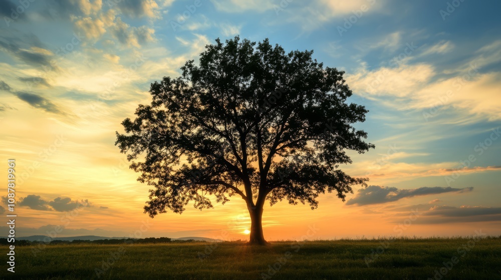 Fototapeta premium Silhouette of a tree against a beautiful sunset sky.