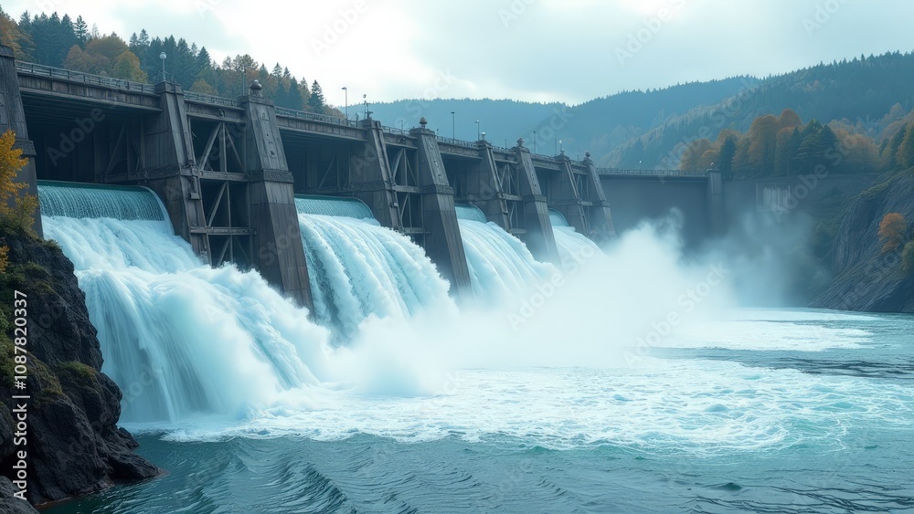 Close-up of the hydroelectric power station located next to the dam.