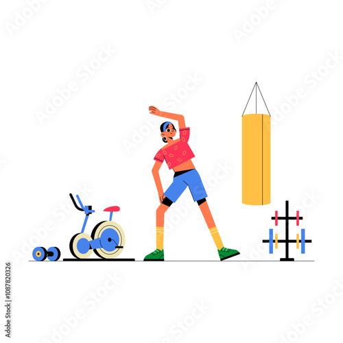 Male Character Stretching In Gym With Exercise Equipment In Flat Vector Illustration Symbolizing Fitness, Health, And Workout, Isolated On White Background