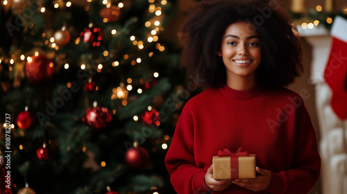 Smiling Woman with Christmas Gift in Red Sweater, Festive Holiday Background with Tree and Decorations