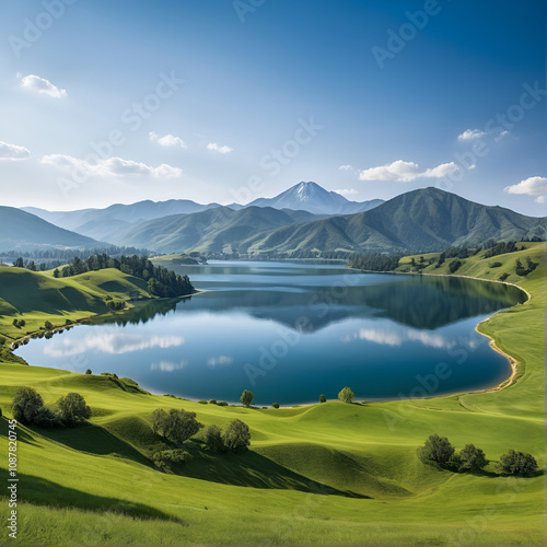 A majestic, panoramic landscape featuring a serene lake, rolling hills, and a distant mountain range, with a stunning