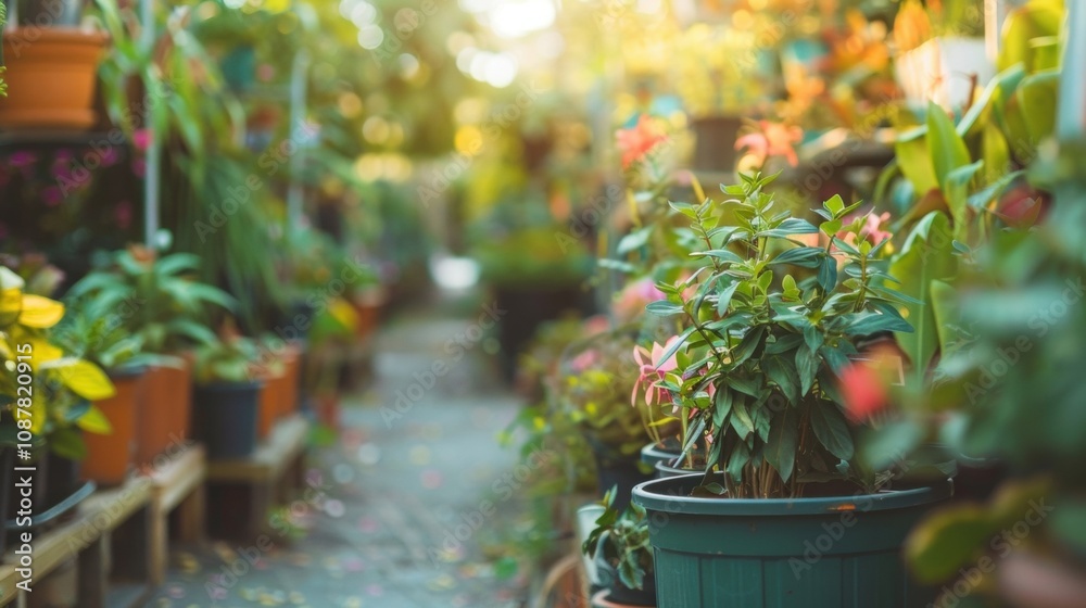 Hazy view of a horticultural haven filled with potted plants galore. Hazy view of a horticultural haven filled with potted plants galore.