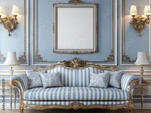 Elegant Blue Striped Sofa in Ornate Gold Frame Room photo