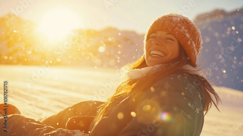 Smiling Woman Relaxing in a Snowy Landscape, Surrounded by Warm Sunshine and Winter Magic – Image Made Using Generative AI,