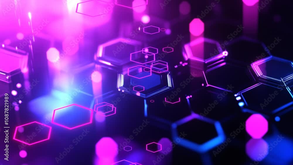 33 seconds of computer 3D generated hexagon shapes flying out and AI generated purple theme hexagonal design pattern on bokeh background, horizontal format HD video, technology 