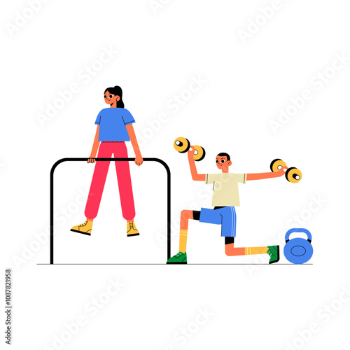 Female And Male Characters Exercising On Gym Equipment In Flat Vector Illustration Symbolizing Fitness, Strength, And Health, Isolated On White Background