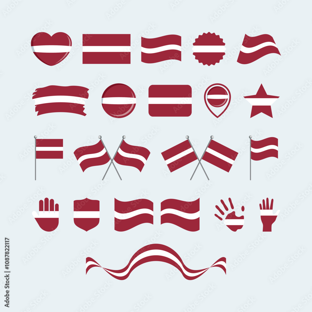 Latvia flag icon set vector isolated on a gray background. Latvian flag graphic design element. Flag of Latvia icons in flat style. Latvia symbols collection