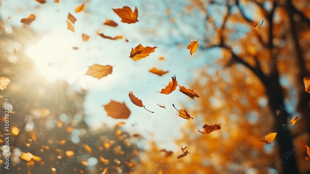 Beautiful autumn landscape with yellow trees and sun. Colorful foliage in the park. Falling leaves background