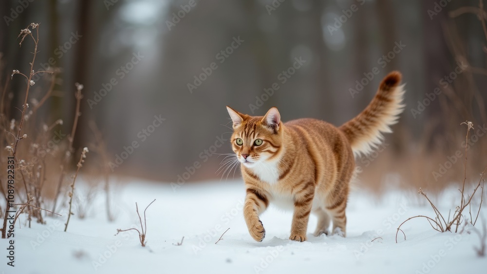 An orange tabby cat strides confidently across a snow-covered trail in a tranquil forest, surrounded by frosty vegetation on a cold winter day An orange tabby cat strides confidently across a snow-covered trail in a tranquil forest, surrounded by frosty vegetation on a cold winter day