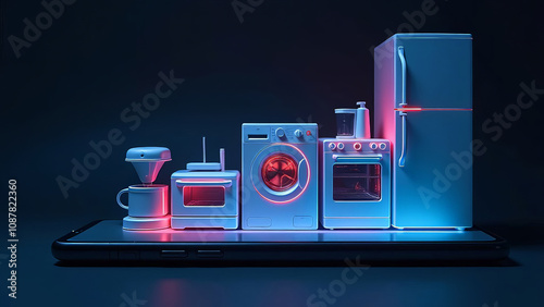Neon home appliances on the smartphone. The concept of remote control of household appliances.