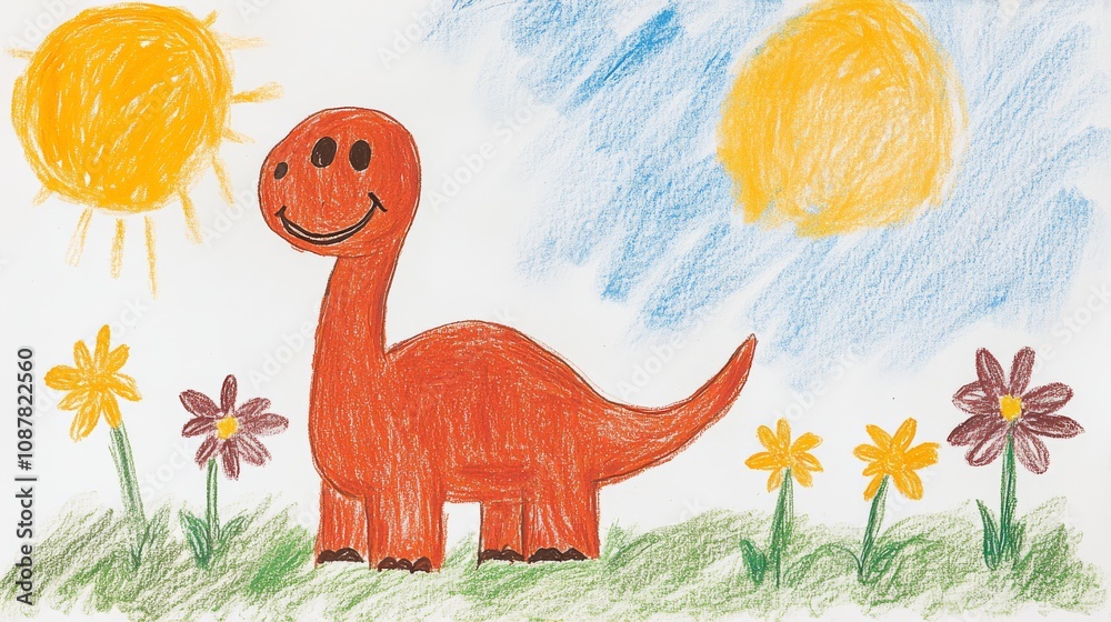 Obraz premium A child;s drawing of a dinosaur with a big friendly smile in a field of flowers under a rainbow.