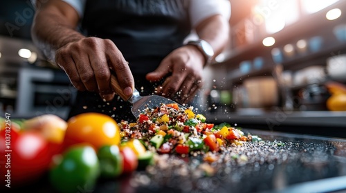 Hands of a skilled chef prepare a vibrant and colorful vegetable salad on a dark surface, showcasing culinary artistry and the beauty of fresh ingredients.