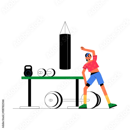 Female Fitness Enthusiast Stretching In Gym With Equipment In Flat Vector Illustration Symbolizing Fitness, Health, And Strength Training, Isolated On White Background.