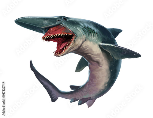 Deep sea shark navanet its prey illustration realism isolate. Goblin shark, or scapanorrhynchus, or mitsecurina.