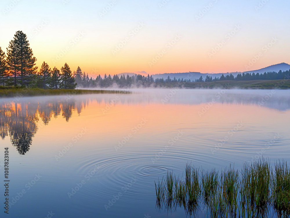 Serene morning on a lake with sunrise colours reflecting on the water and gentle ripples breaking the silence of nature. Serene morning on a lake with sunrise colours reflecting on the water and gentle ripples breaking the silence of nature.