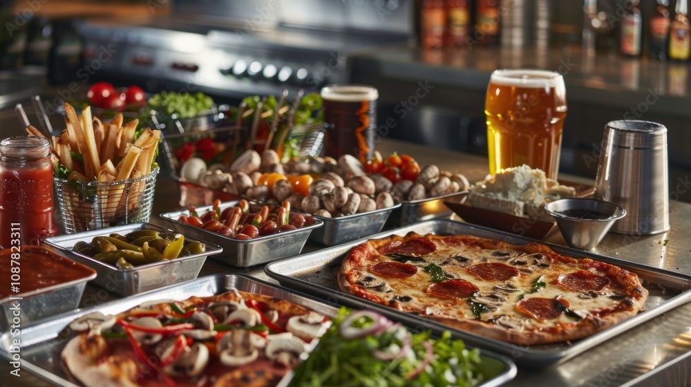 A tempting build-your-own pizza bar with a variety of toppings such as pepperoni, mushrooms A tempting build-your-own pizza bar with a variety of toppings such as pepperoni, mushrooms