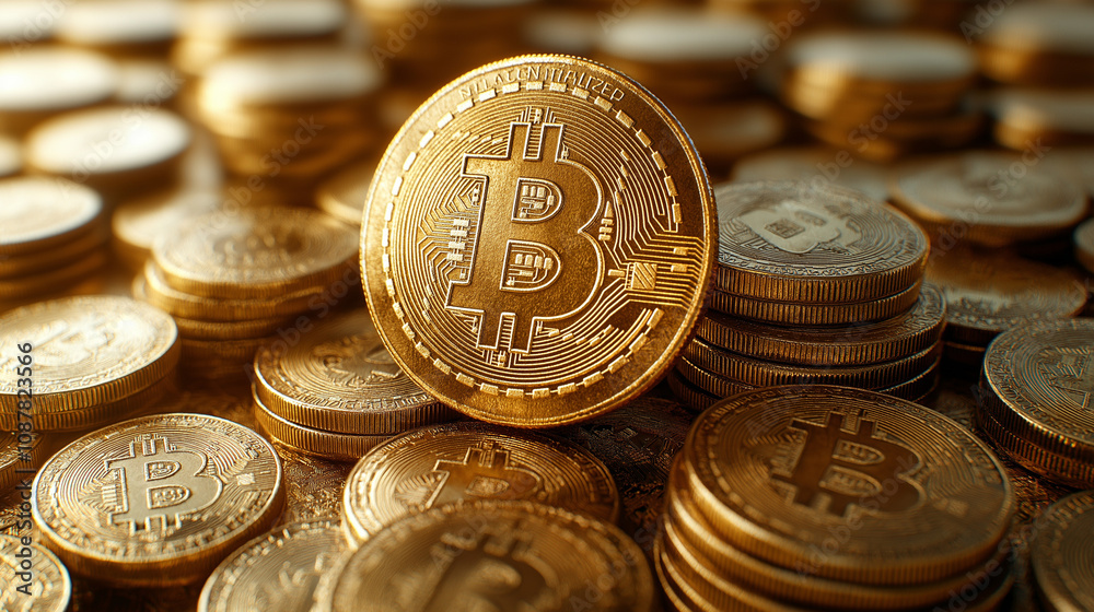 Golden coins with Bitcoin symbol Golden coins with Bitcoin symbol