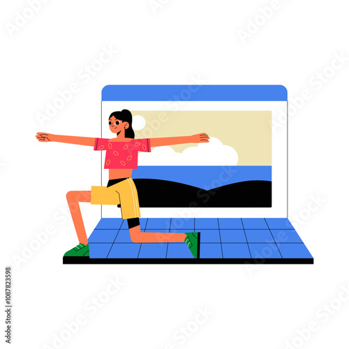 Female Character Performing Lunges In Flat Vector Illustration Symbolizing Home Fitness, Strength Training, And Virtual Exercise, Isolated On White Background.