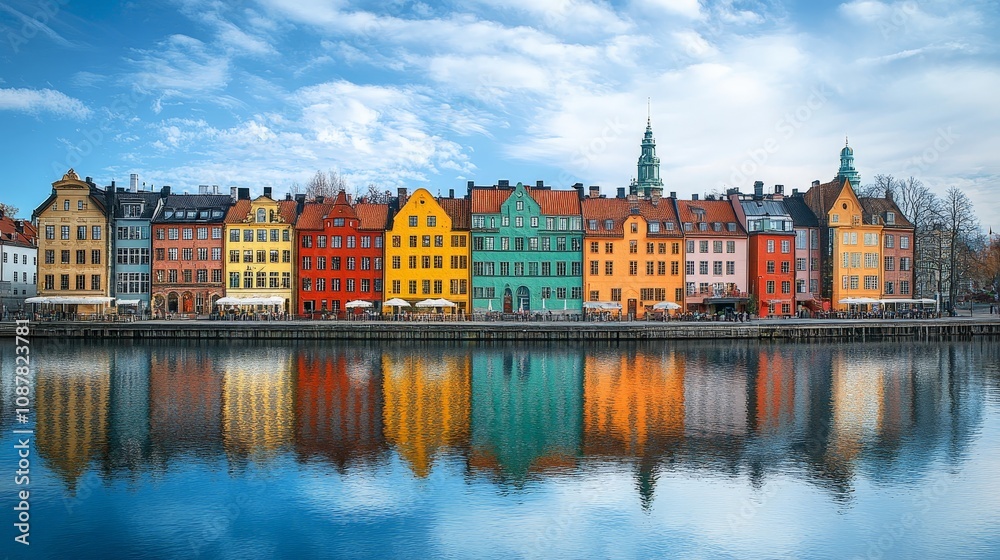 Colorful riverside houses reflected on the water under clear skies in a peaceful town Colorful riverside houses reflected on the water under clear skies in a peaceful town