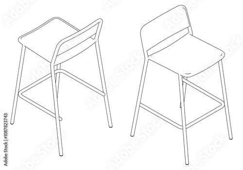 Bar Chair, Bar stool editable vector illustration on white background. chair Line art, clip art, Fancy Chair, Hand-drawn design elements with isometric Views