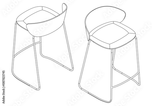 Bar Chair, Bar stool editable vector illustration on white background. chair Line art, clip art, Fancy Chair, Hand-drawn design elements with isometric Views