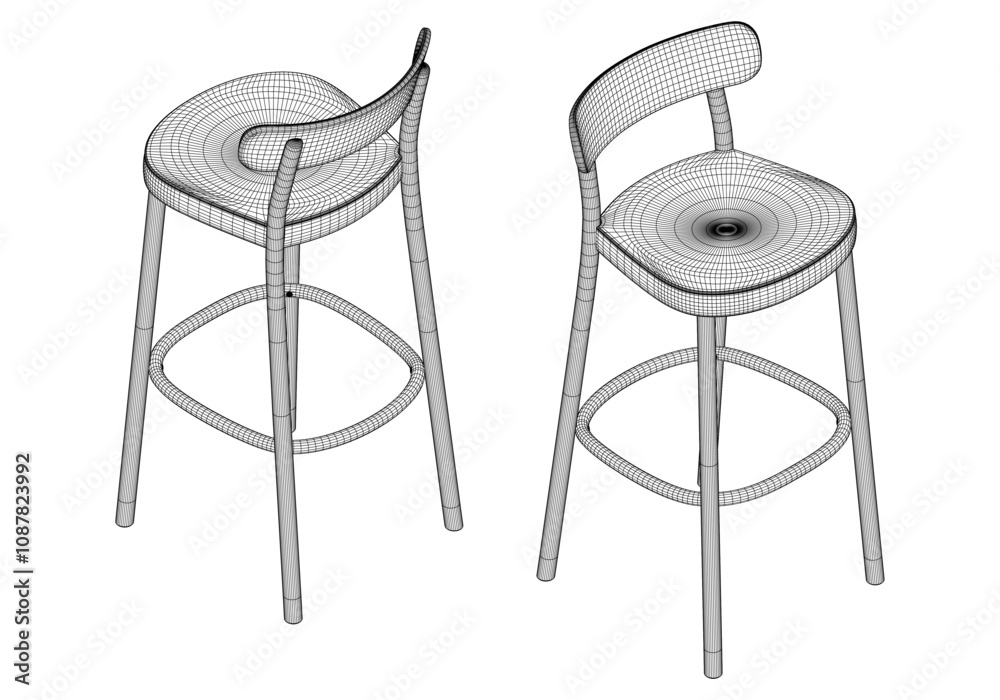 Bar Chair, Bar stool editable vector illustration on white background. chair Line art, clip art, Fancy Chair, Hand-drawn design elements with isometric Views