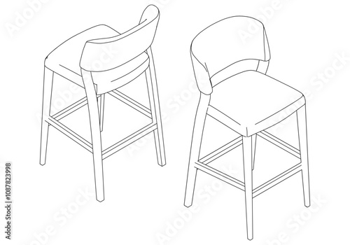 Bar Chair, Bar stool editable vector illustration on white background. chair Line art, clip art, Fancy Chair, Hand-drawn design elements with isometric Views