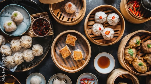 A tempting dim sum spread featuring steamed dumplings, bao buns