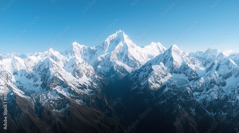 Fototapeta premium Scenic himalayas covered in snow concept. Majestic Himalayan Peaks at Sunrise