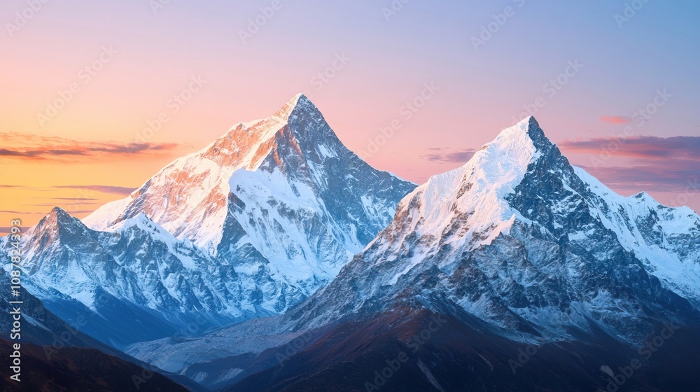 Scenic himalayas covered in snow concept. Majestic Snow-Capped Mountain Panorama at Sunset Scenic himalayas covered in snow concept. Majestic Snow-Capped Mountain Panorama at Sunset