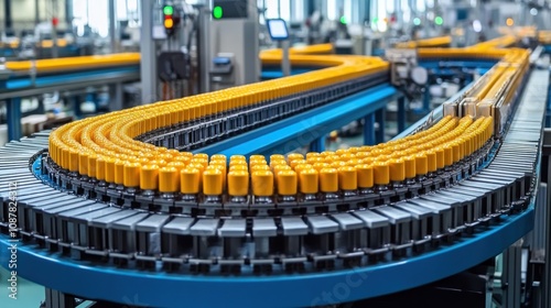 Automated factory conveyor belt with numerous yellow containers.