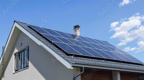 Solar panels on the gable roof of a modern house